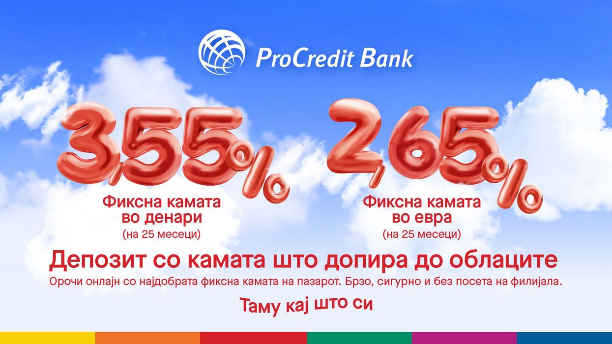 Depozitë online nga ProCredit Maqedoni - Deri në 3,55% për denarë dhe 2,65% për euro Depozitë online nga ProCredit Maqedoni - Deri në 3,55% për denarë dhe 2,65% për euro