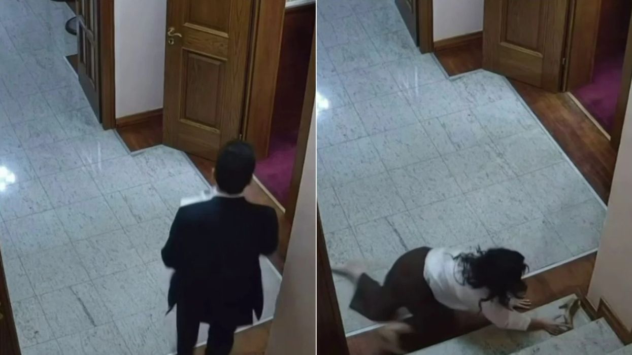Momenti kur sekretarja e Kuvendit rrëzohet nga shkallët duke ndjekur Shehajn Momenti kur sekretarja e Kuvendit rrëzohet nga shkallët duke ndjekur Shehajn
