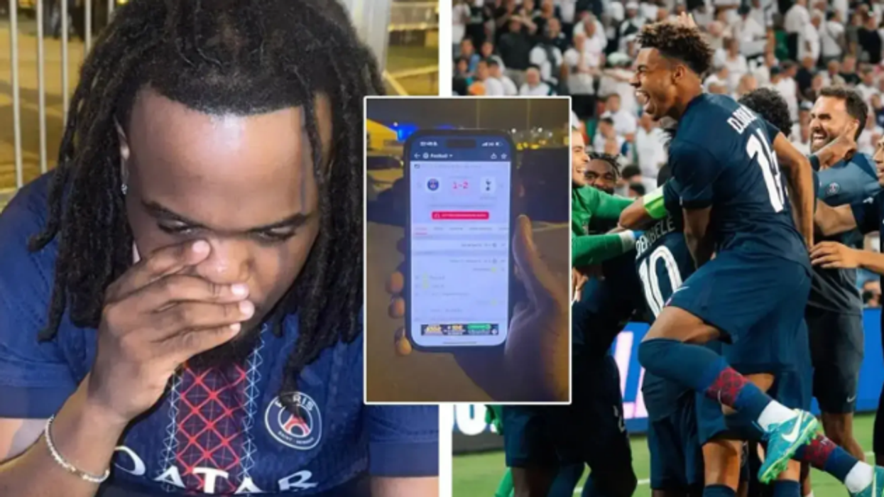 Tifozi i PSG-së u largua nga stadiumi para rikthimit epik në Superkupën e UEFA-s kundër Spurs - shqetësimi i tij i kapur në kamera