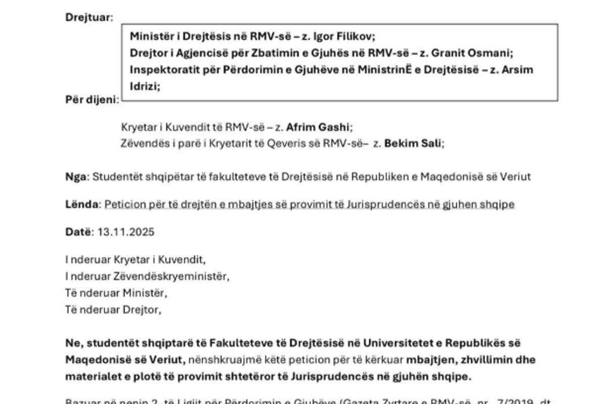 385 studentë të juridikut nënshkruan peticion që provimi i jurisprudencës të mbahet edhe në gjuhën shqipe 385 studentë të juridikut nënshkruan peticion që provimi i jurisprudencës të mbahet edhe në gjuhën shqipe