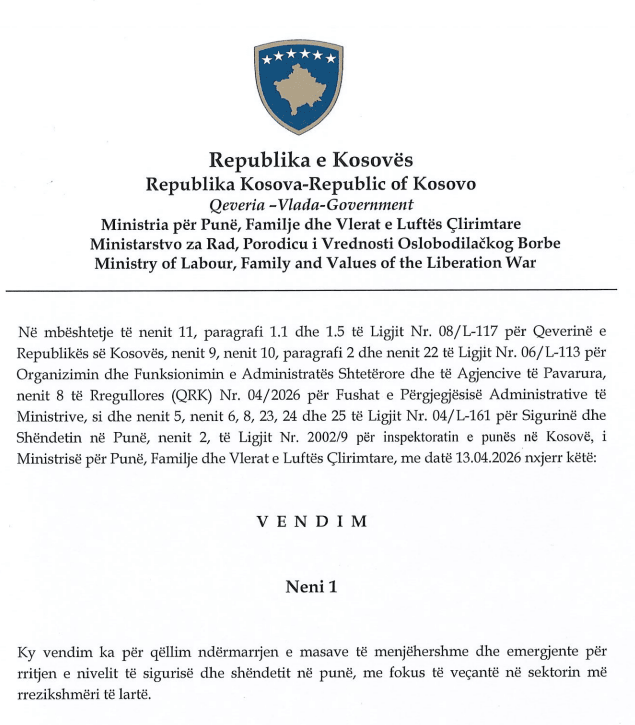 Hoti me vendim për masa emergjente në sigurinë dhe shëndetin në punë