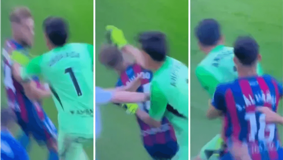 Portieri godet me grusht sulmuesin kundërshtar, skandal në derbin Huesca–Zaragoza