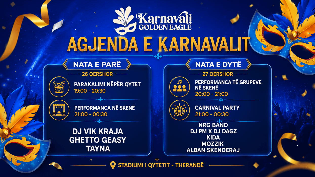 Karnavali “Golden Eagle” rikthehet në Therandë, publikohet agjenda e dy netëve festive Karnavali “Golden Eagle” rikthehet në Therandë, publikohet agjenda e dy netëve festive