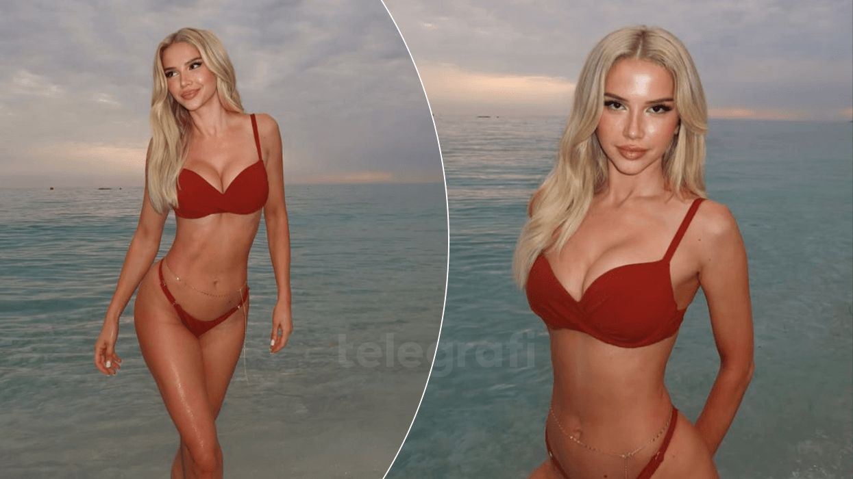 Sara Kolami mahnit me bikini të kuqe, pozon buzë detit në perëndim të diellit