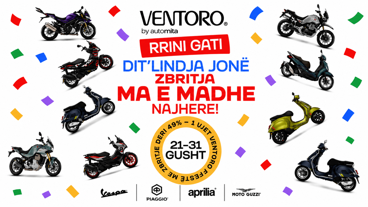 Motorë dhe skuterë me deri në 49% zbritje – oferta e madhe e VENTORO-s nis më 21 gusht Motorë dhe skuterë me deri në 49% zbritje – oferta e madhe e VENTORO-s nis më 21 gusht