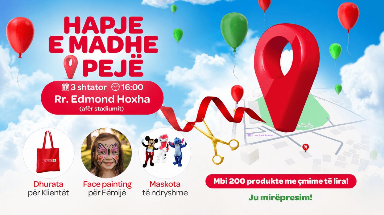 SPAR hap dyert nesër në Pejë! Mbi 200 produkte me çmime të lira dhe dhuratë për çdo vizitor SPAR hap dyert nesër në Pejë! Mbi 200 produkte me çmime të lira dhe dhuratë për çdo vizitor