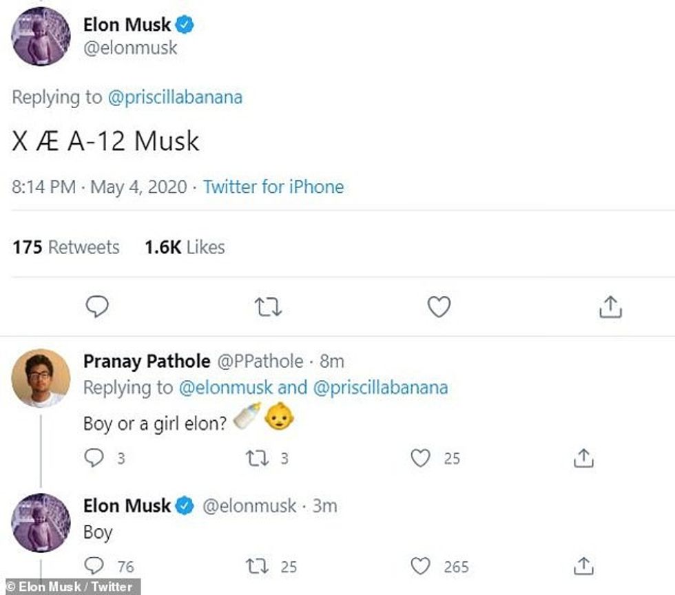 In response to a user's Tweet that read: 'We need the name we literally need it,' Elon replied, 'X Æ A-12 Musk.' It was not immediately clear if new dad Musk was having fun with his followers