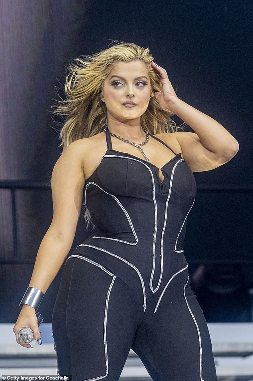 It comes after Bebe Rexha made her grand entrance by slowly being lifted from the ground floor to the stage as theatrical smoke poured out at Coachella last month