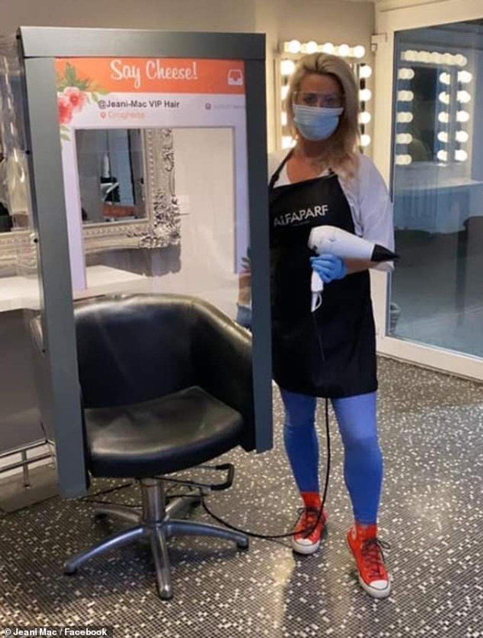 Jean said she created the chair (pictured) after she was swamped with messages and calls from worried clients who did not know what to do with their locks until the Irish lockdown was eased on hairdressers on July 20