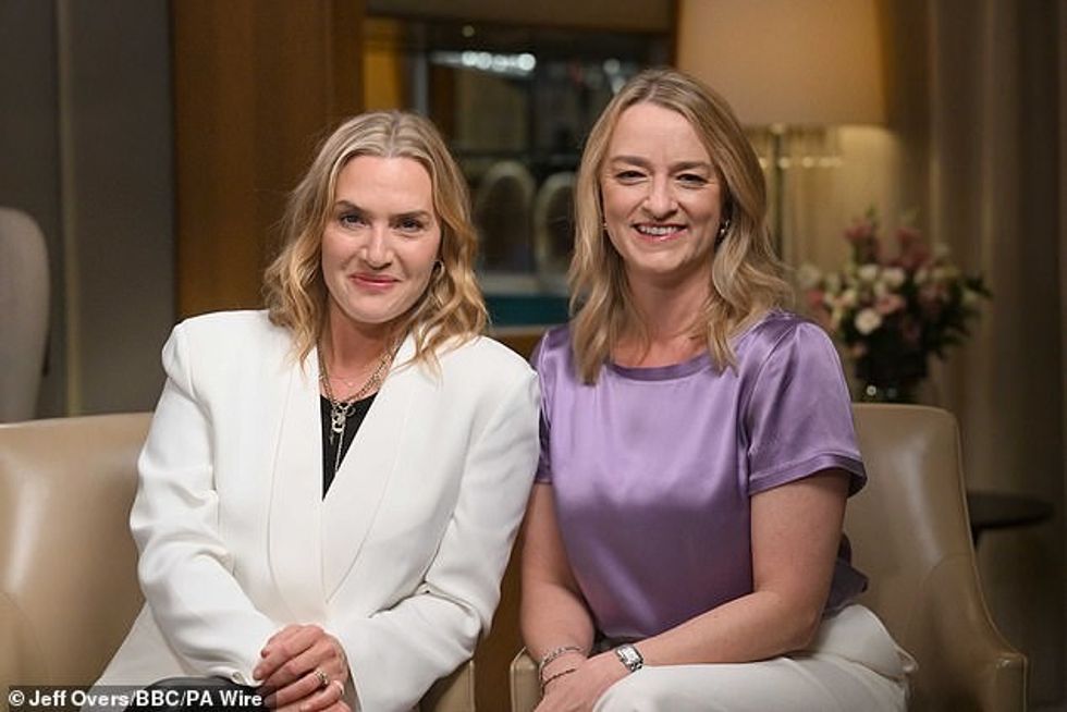 Kate pictured on the set of her interview for Sunday with Laura Kuenssberg (right)