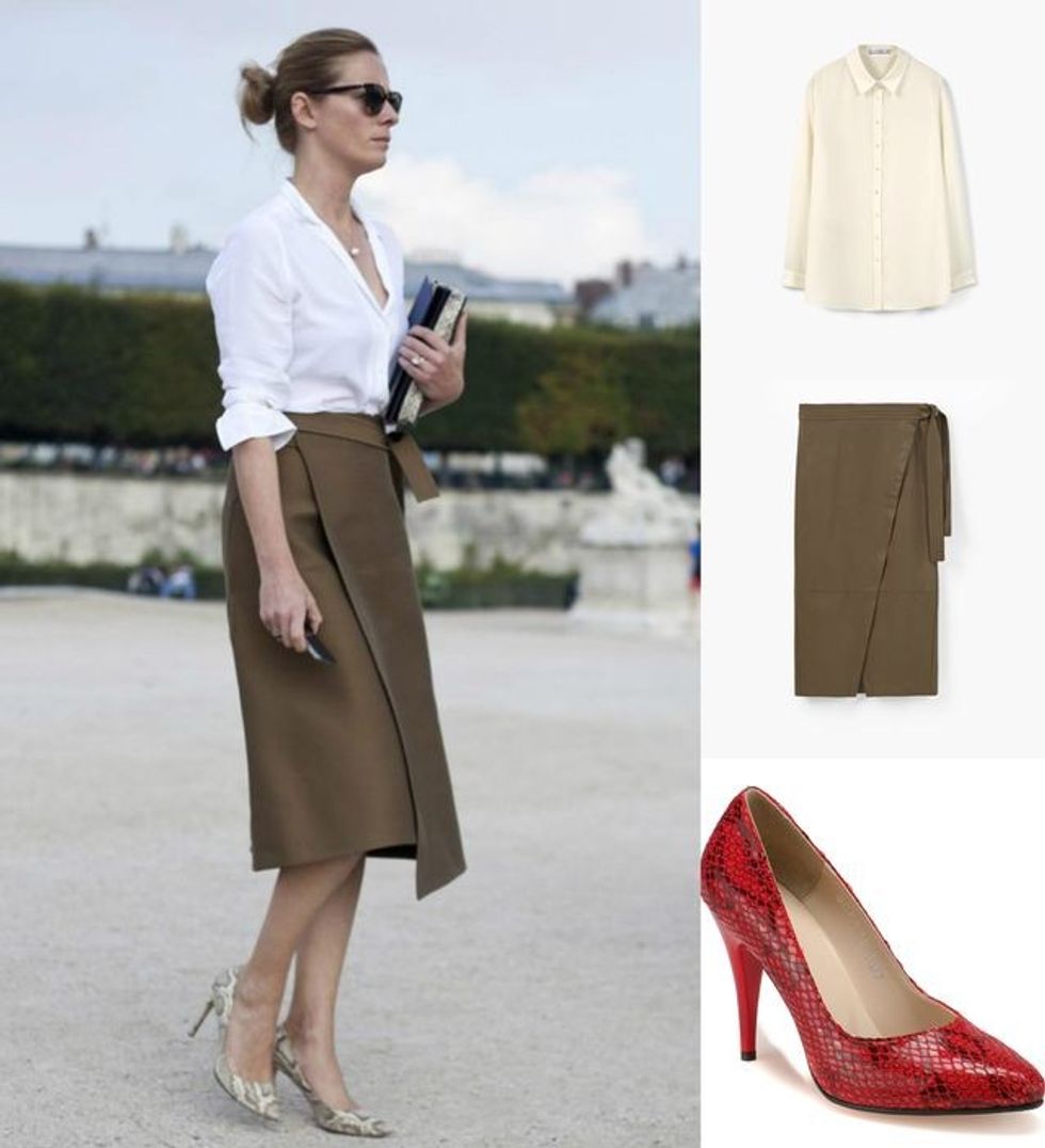 Këmishë e bardhë, fund me bel të lartë poshtë gjurit dhe taka.