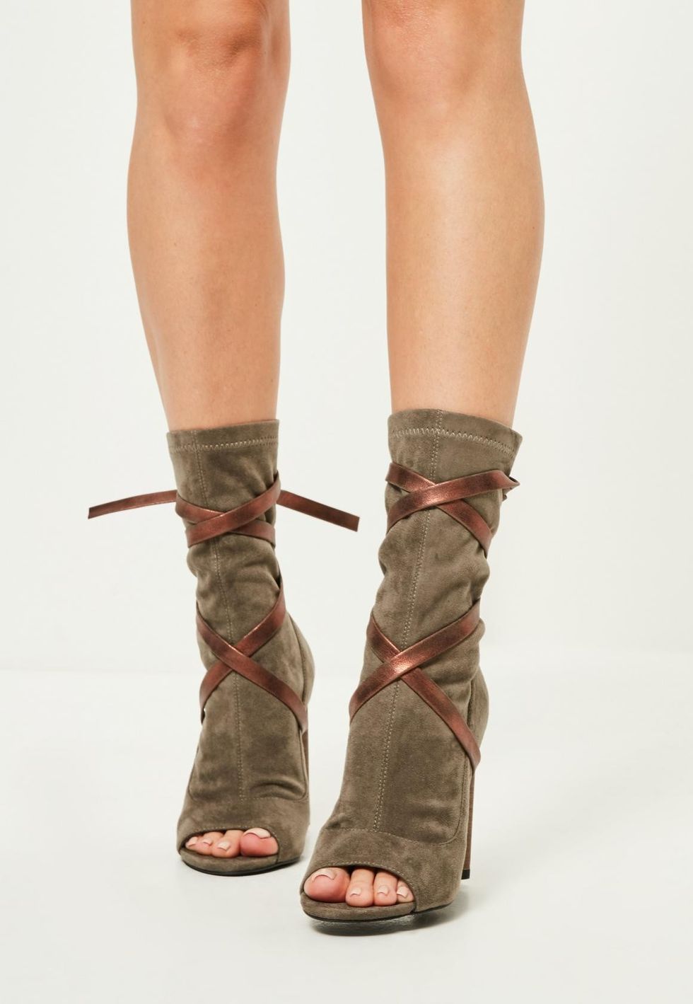 khaki tie detail peep toe heeled ankle boots