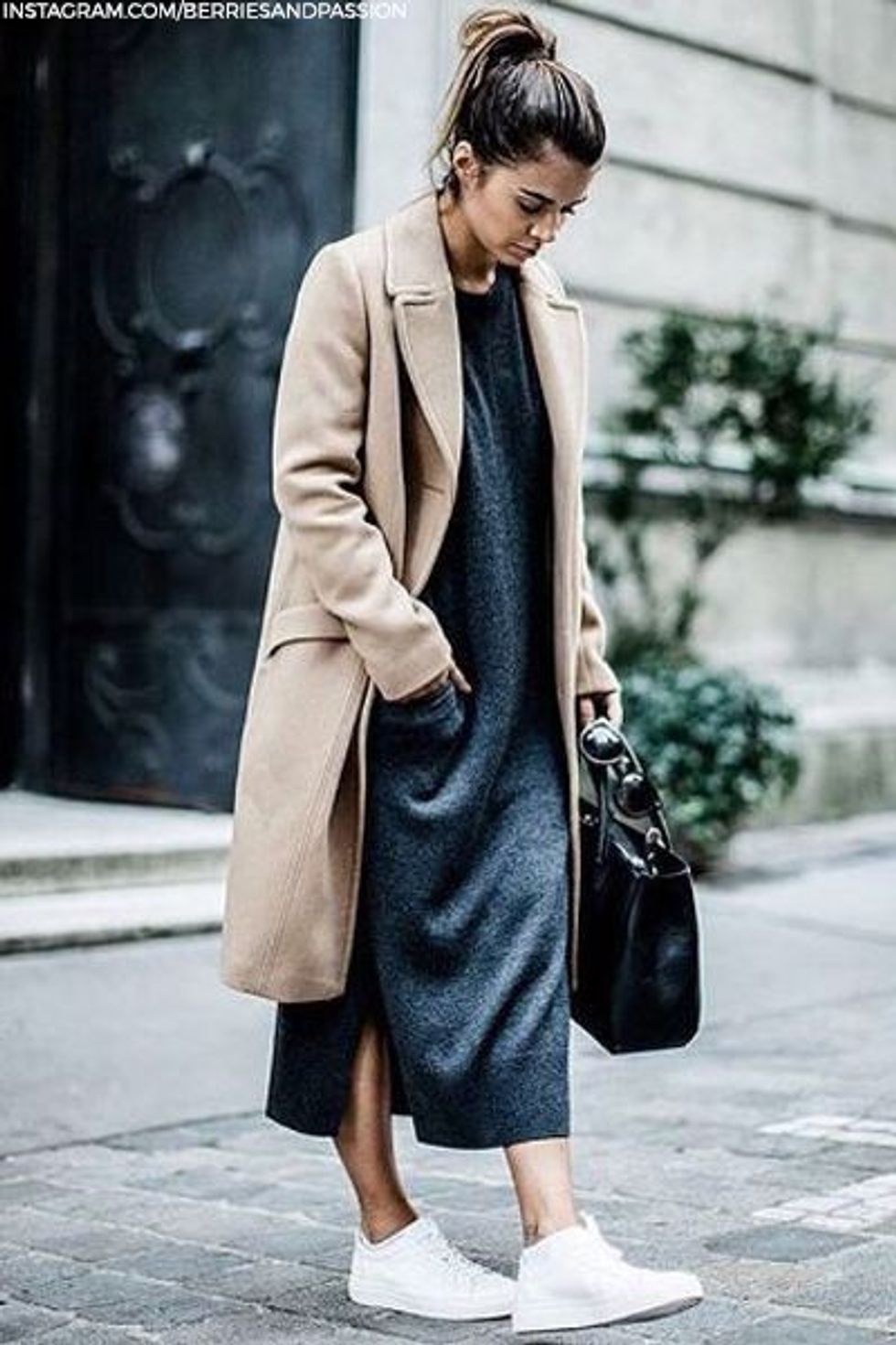 Knitted maxi teamed with smart jacket and trainers