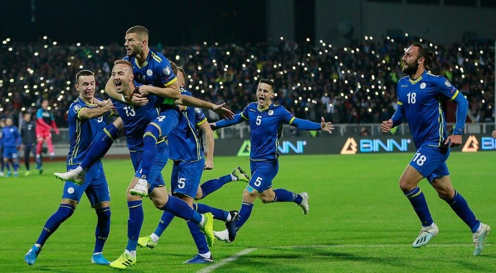 kosovo soccer team celebrates a goal
