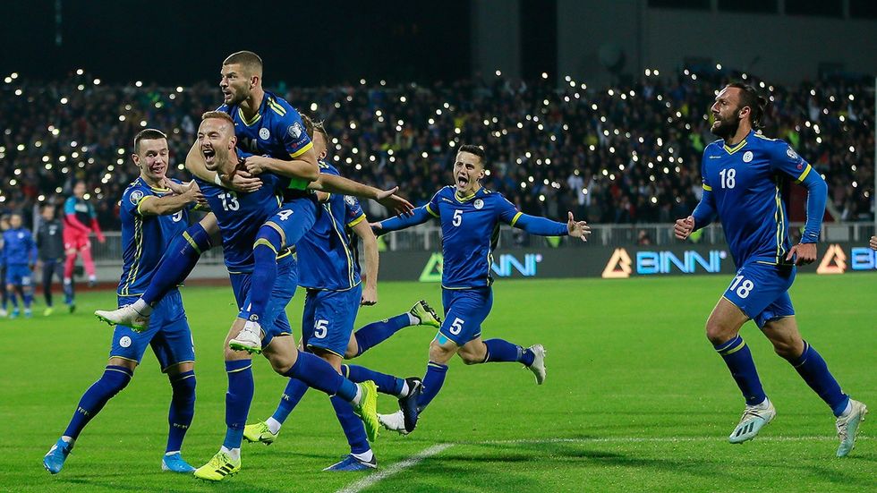 kosovo soccer team celebrates a goal