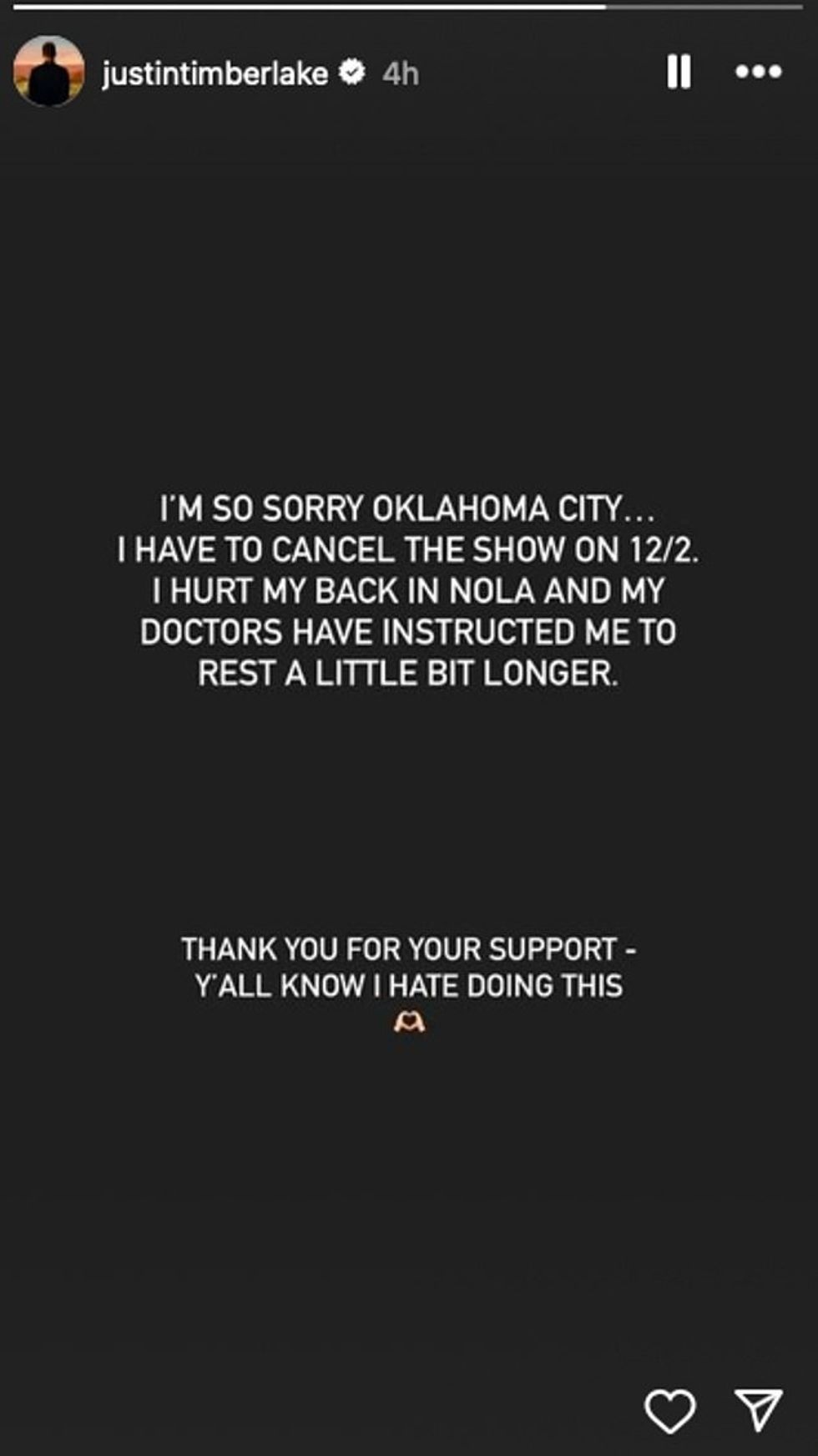 Krijuesi i hitit Sexy/Back, 43 ¿ që filloi turneun e The Forget Tomorrow në prill ¿ e bëri njoftimin përmes Instagramit të shtunën, duke përmendur një dëmtim të vazhdueshëm të shpinës si arsye.