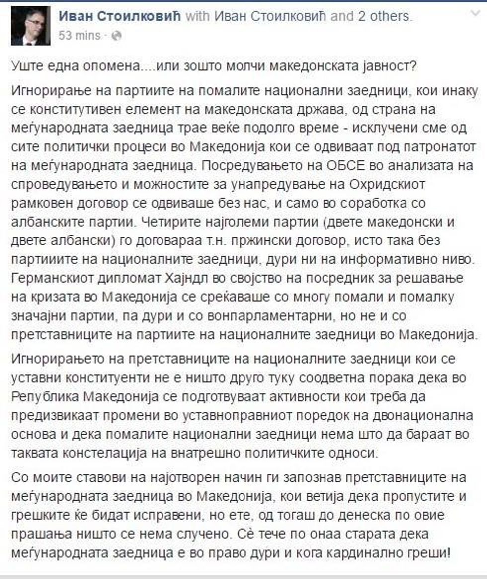 Kryetari i partise serbe postim ne Fb