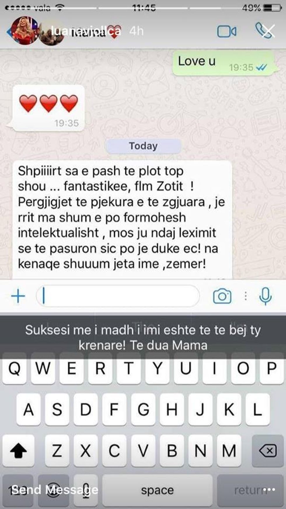 Ky është mesazhi që mamaja e Luanës i kishte dërguar të bijës pasi ka parë emisionin. Foto nga Instagram Story.
