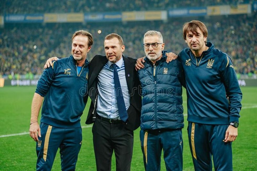 kyiv ukraine october andriy shevchenko head coach manager assistants mauro tassotti andrea maldera oleksandr shovkovskiyat 188982903