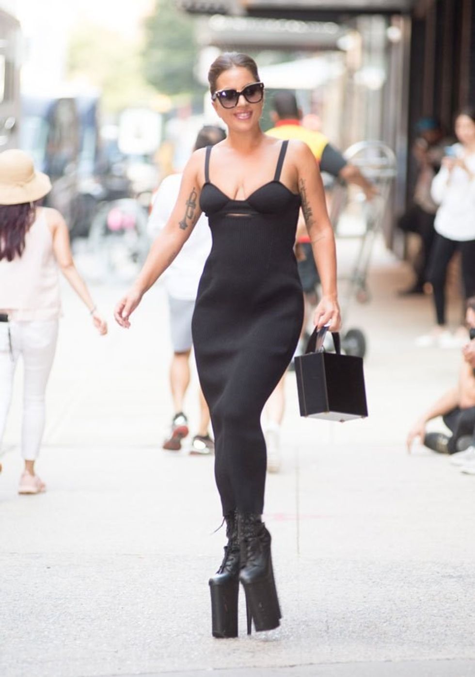 Lady Gaga nyc black dress Platform Boots shutterstock post