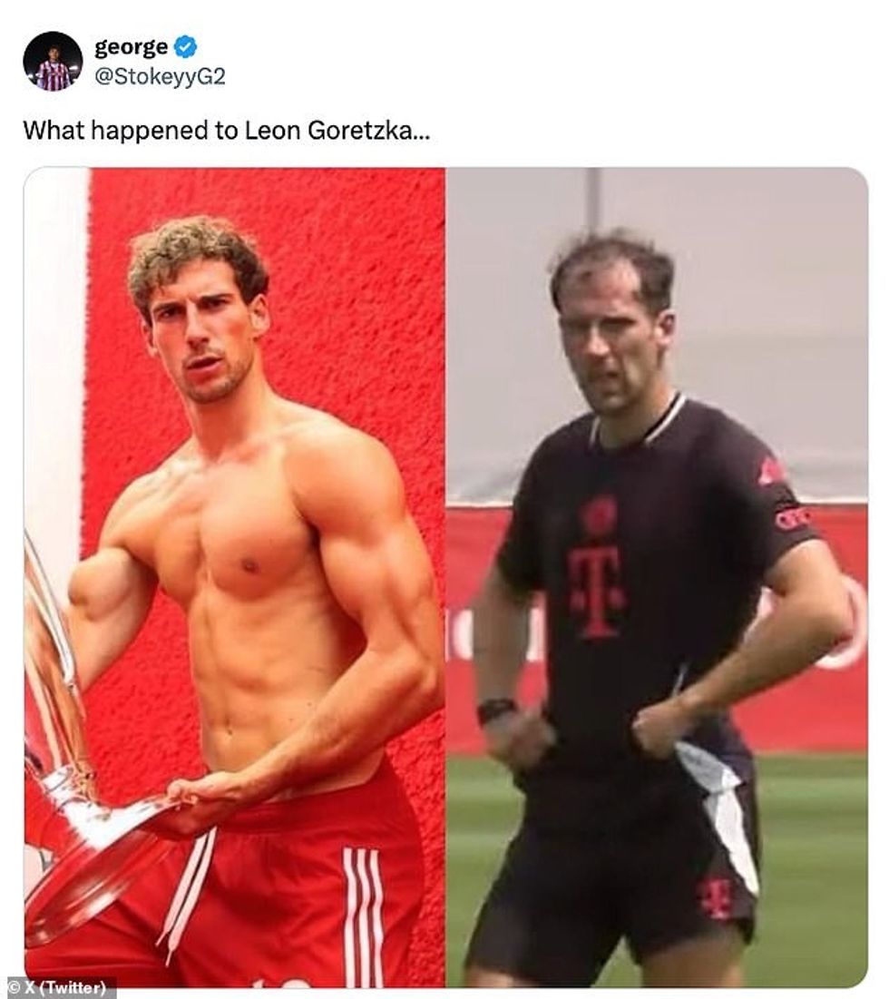 Leon Goretzka fotografuar (majtas) në vitin 2020 dhe (djathtas) gjatë një seance stërvitore këtë muaj