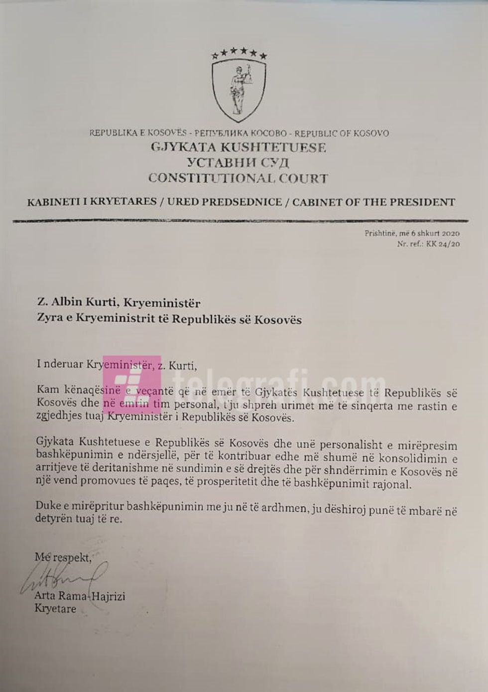 Leter urimi i Kryetares Rama Hajrizi per Kryeministrin Albin Kurti 2020