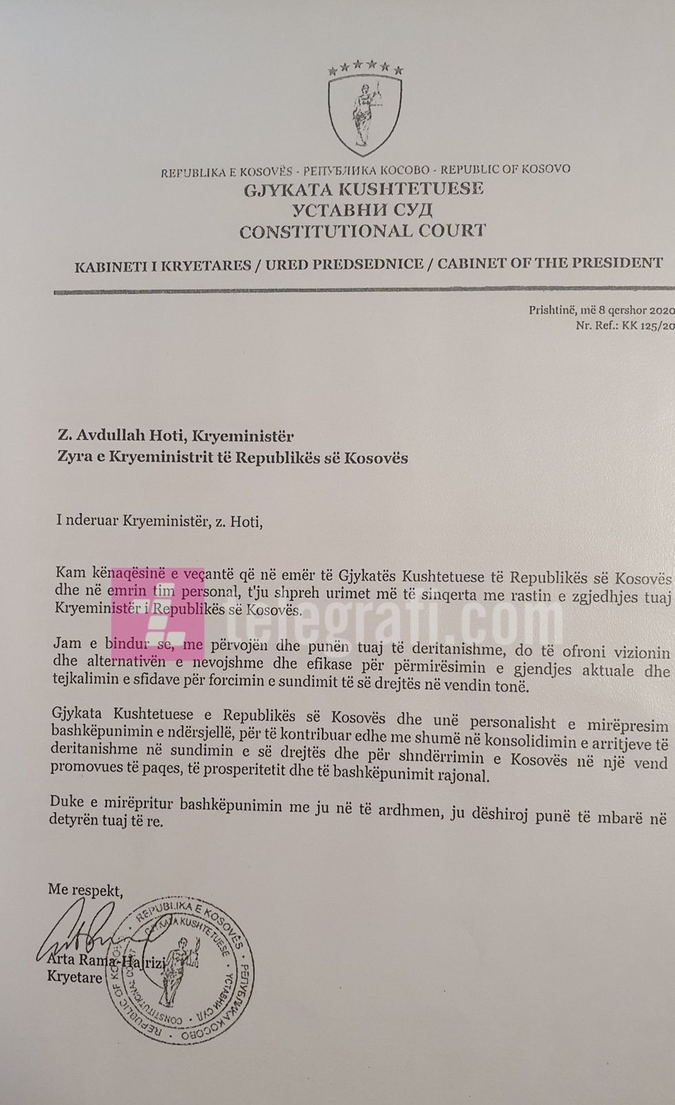Leter urimi i Kryetares Rama Hajrizi per Kryeministrin Avdullah Hoti scaled