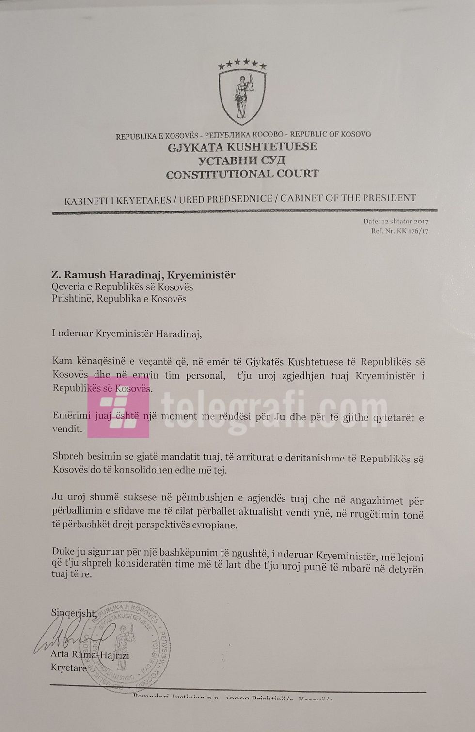 Leter urimi i Kryetares Rama Hajrizi per Kryeministrin Ramush Haradinaj scaled