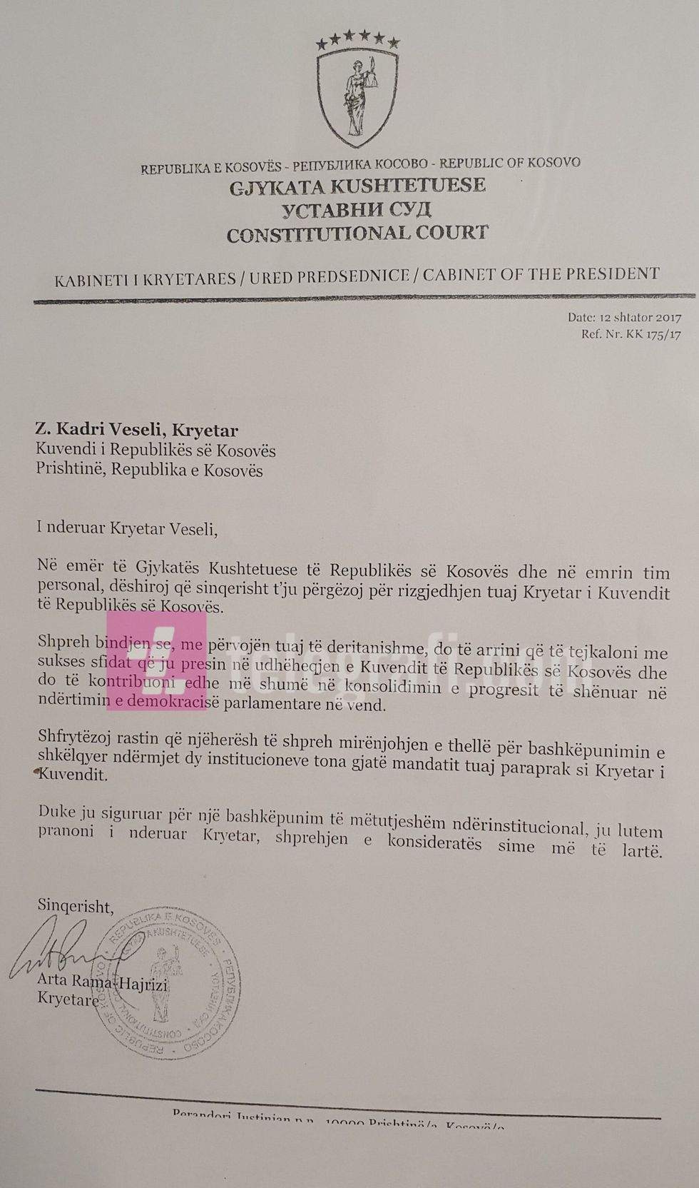 Leter urimi i Kryetares Rama Hajrizi per Kryeparlamentarin Kadri Veseli scaled