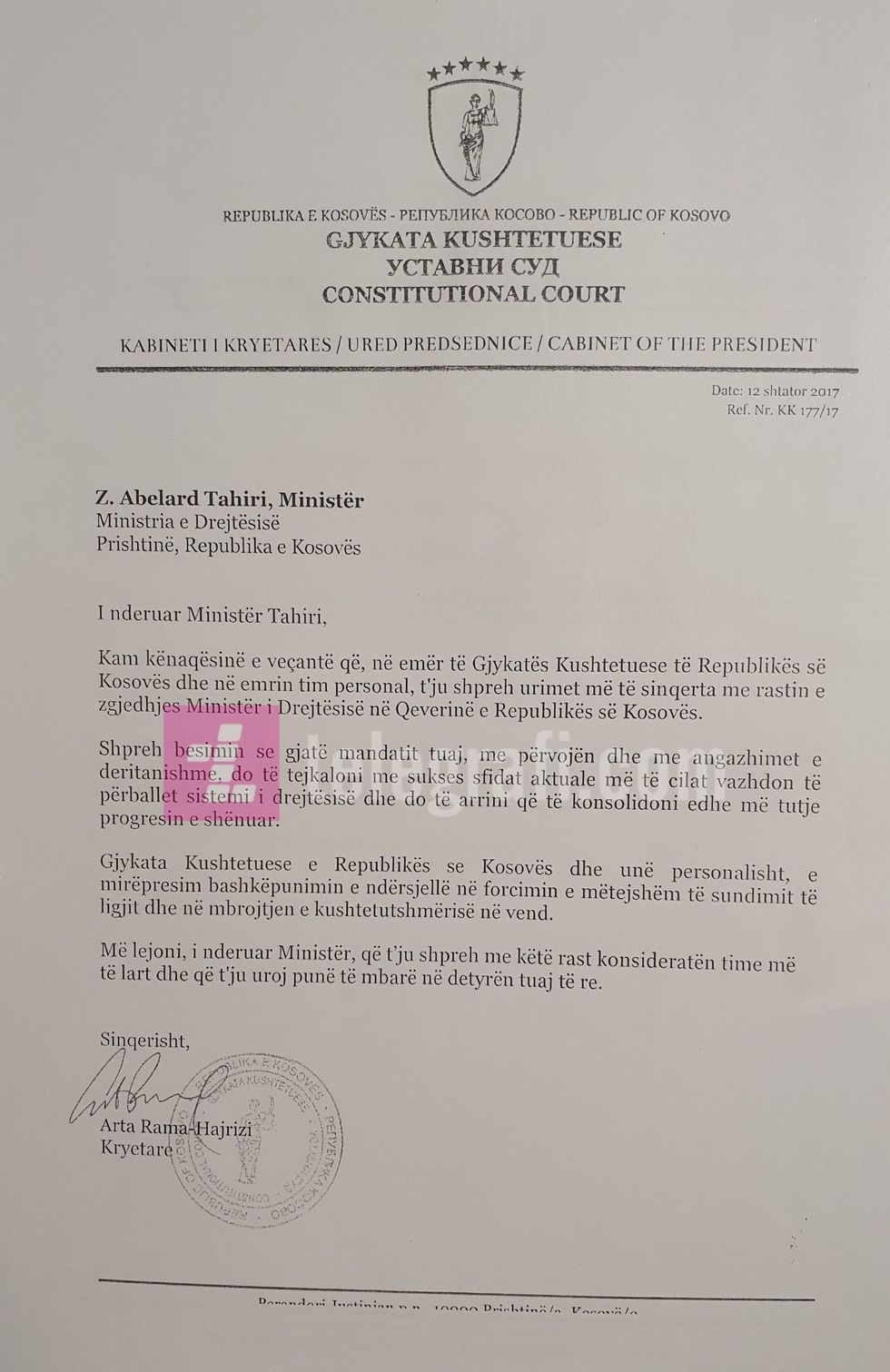 Leter urimi i Kryetares Rama Hajrizi per Ministrin e Drejtesise Abelard Tahiri scaled