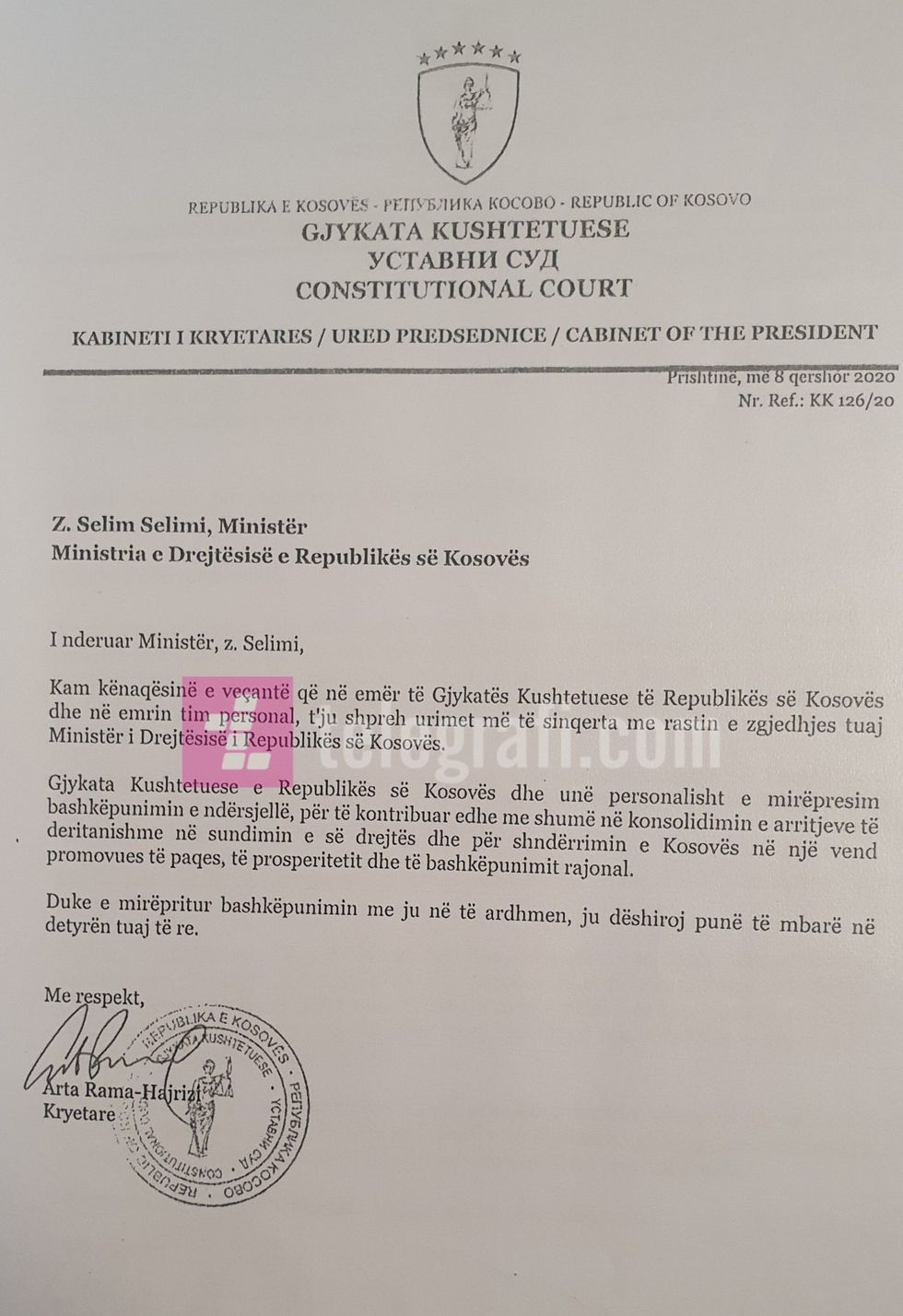 Leter urimi i Kryetares Rama Hajrizi per Ministrin e Drejtesise Selim Selimi scaled