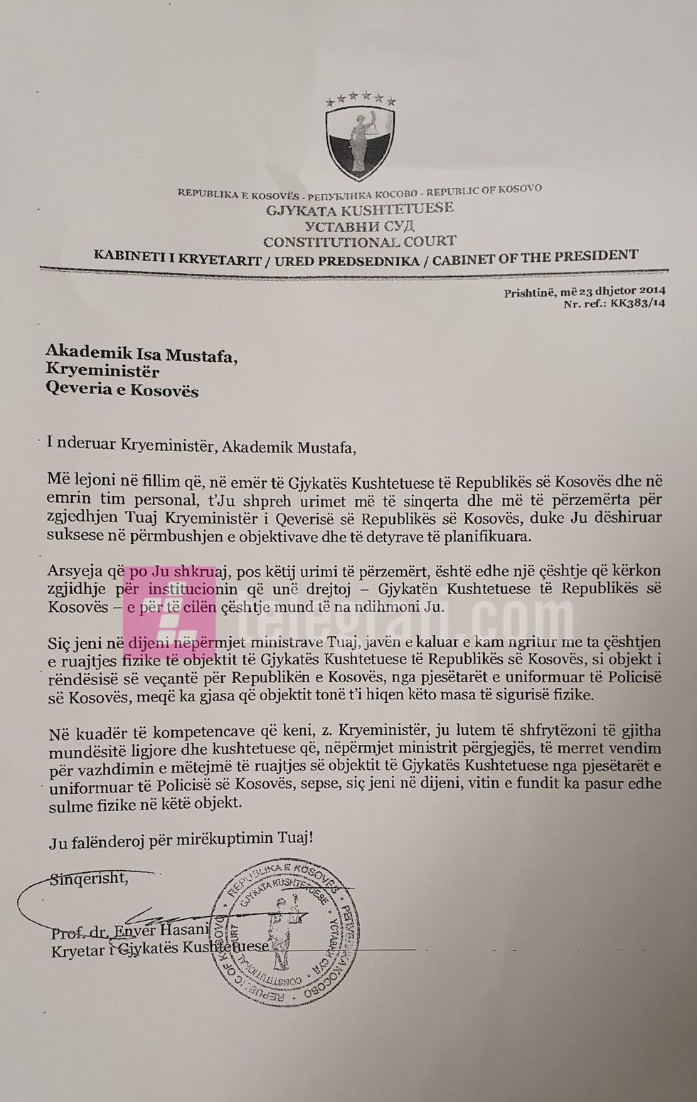 Leter urimi i Kryetarit Enver Hasani per Kryeministrin Isa Mustafa scaled