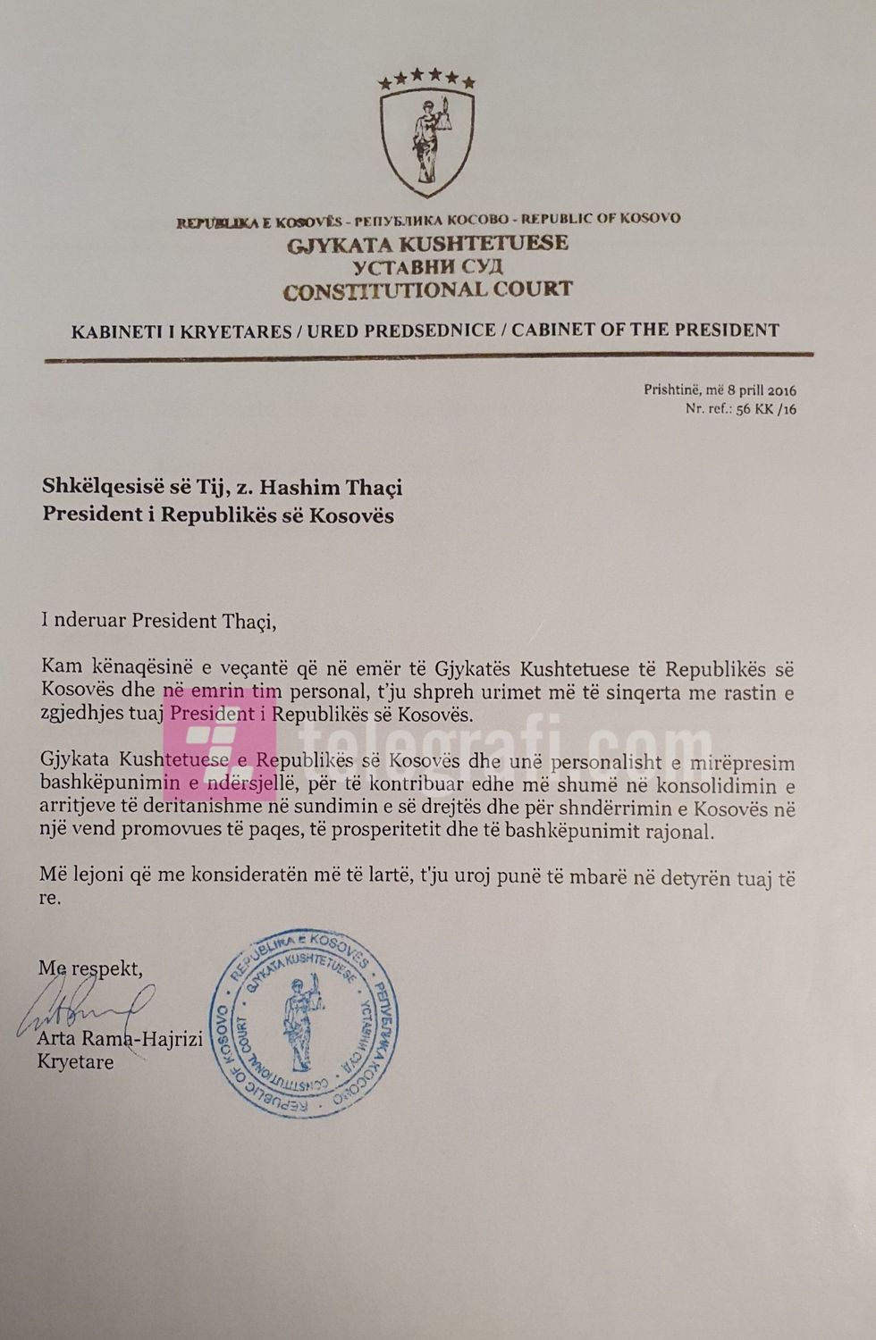 Leter urimi per Presidentin Thaci scaled