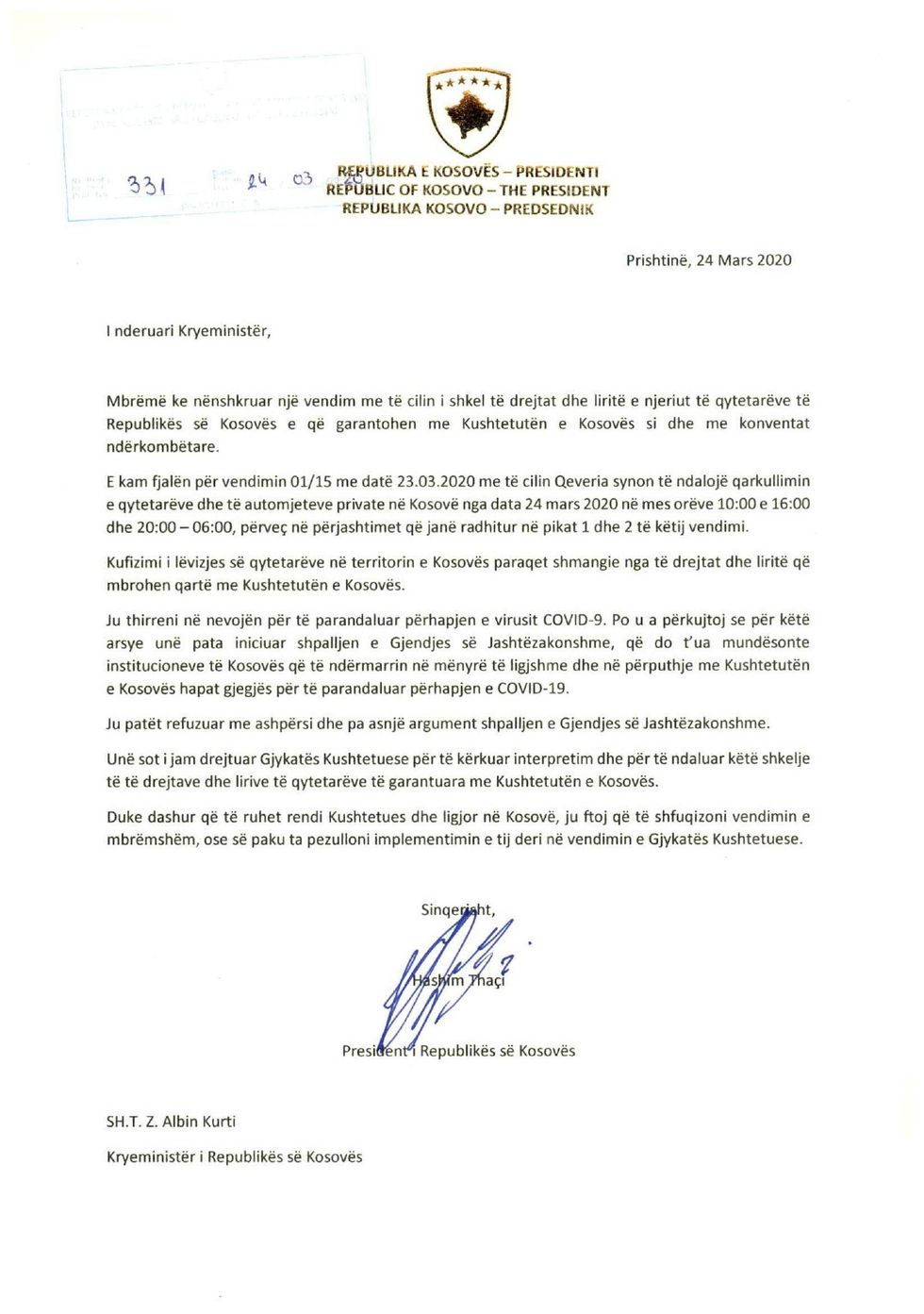 Letra drejtuar kryeministrit page 0001