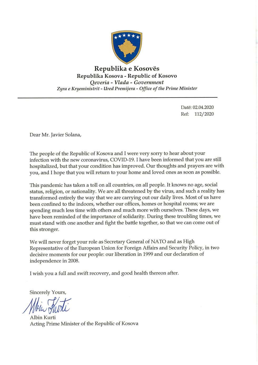 Letra e KM në detyrë për Javier Solana page 0001