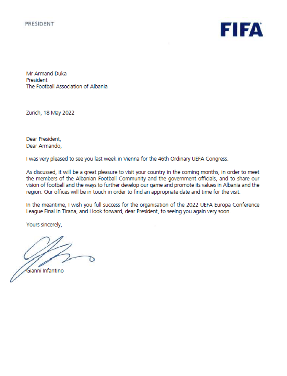 Letra e Presidentit Infantino