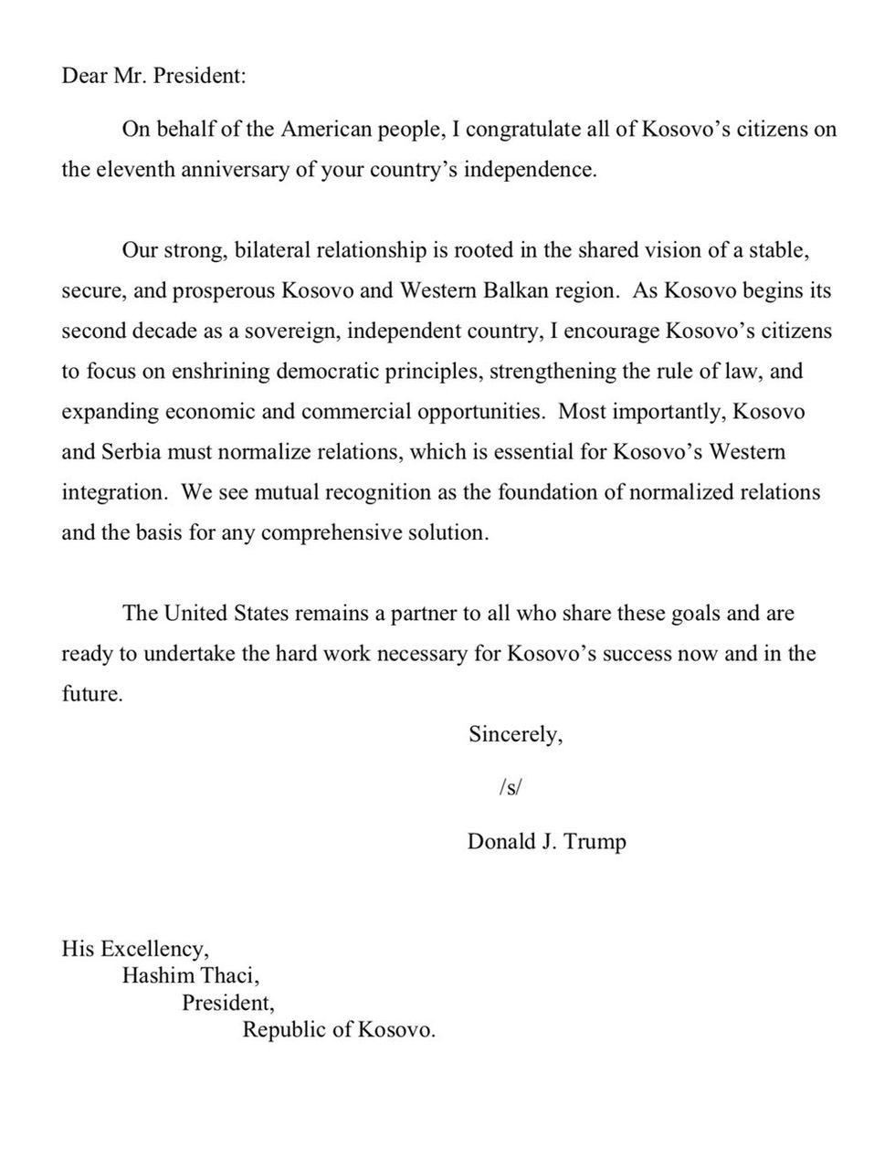 Letra e presidentit Trump