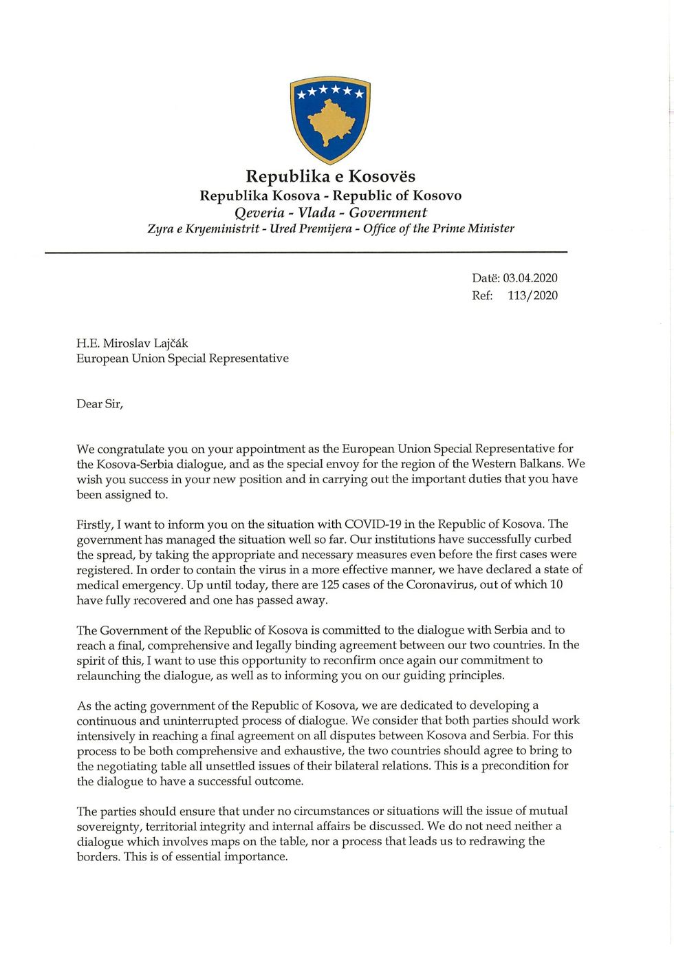 Letter from Acting PM Kurti to EUSR Mr. Lajcak 03.04.2020 page 0001