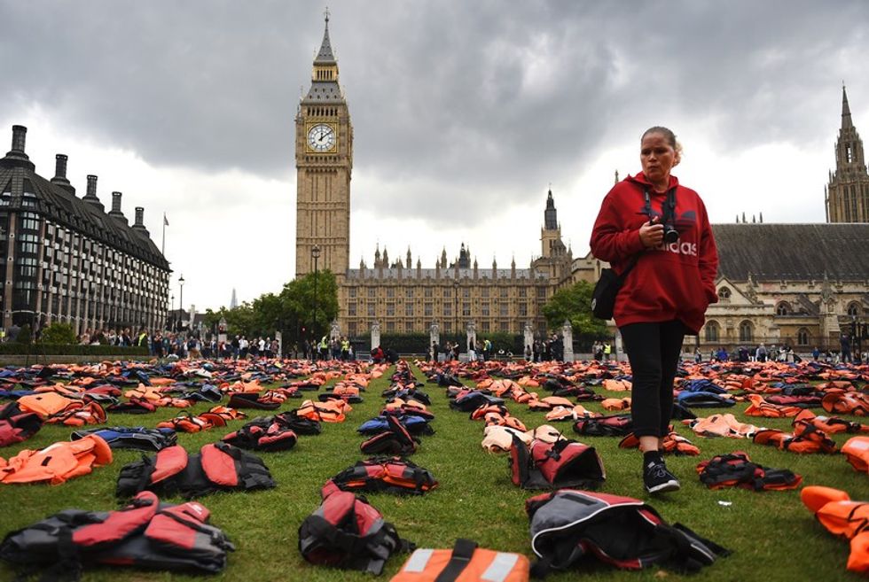 Life Jacket graveyard dispayed in Parliament Square as world leaders meet at the United Nations Migration summit in New York