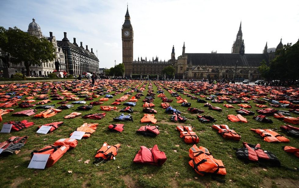 Life Jacket graveyard dispayed in Parliament Square as world leaders meet at the United Nations Migration summit in New York