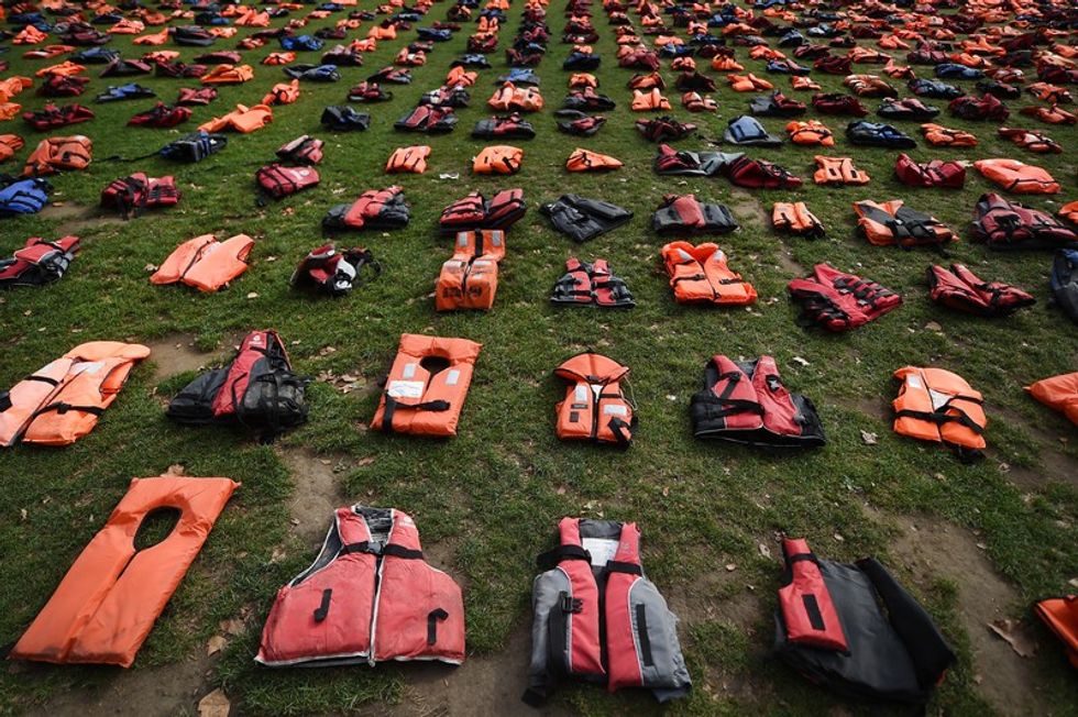 Life Jacket graveyard dispayed in Parliament Square as world leaders meet at the United Nations Migration summit in New York