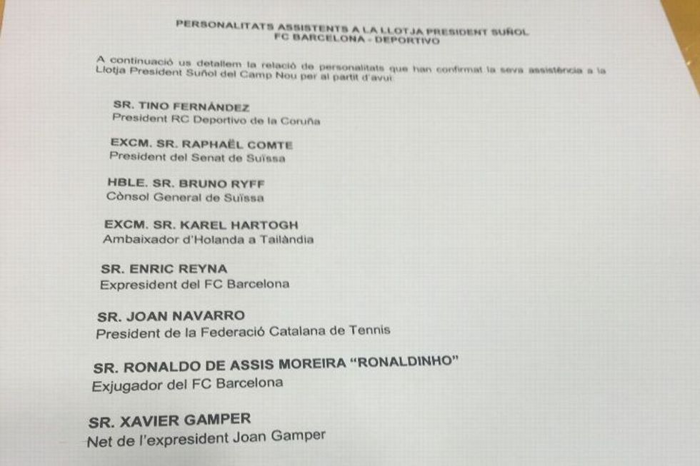 Lista ku shikohet se Dinho ishte i ftuar në Camp Nou si ambasador i klubit.