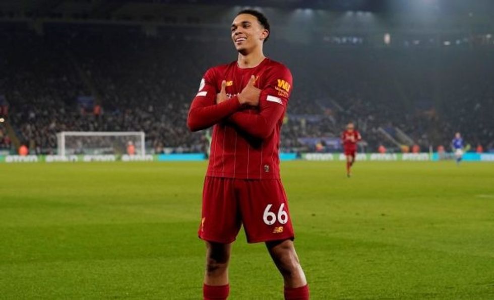 Liverpool full back Trent Alexander Arnold celebrates scoring vs Leicester e1577460367143 1