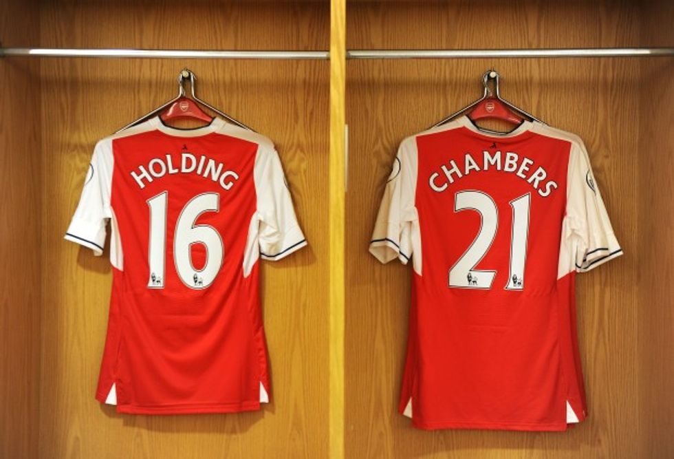 LONDON, ENGLAND - AUGUST 14: Rob Holding and Calum Chambers shirts in the Arsenal changing room before the Premier League match between Arsenal and Liverpool at Emirates Stadium on August 14, 2016 in London, England. (Photo by Stuart MacFarlane/Arsenal FC via Getty Images)