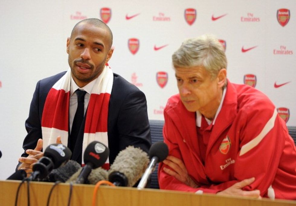 LONDON, ENGLAND - DECEMBER 09: Thierry Henry and Arsene Wenger the Manager of Arsenal attend a Press Conference at Emirates Stadium on December 9, 2011 in London, England. (Photo by David Price/Arsenal FC via Getty Images)