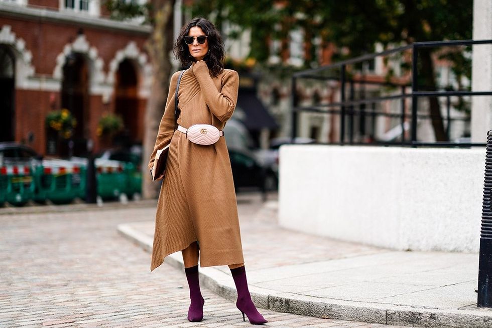 london fashion week street style spring 2018 hedvig opshaug tan knit dress pink gucci belt bag purple sock boots