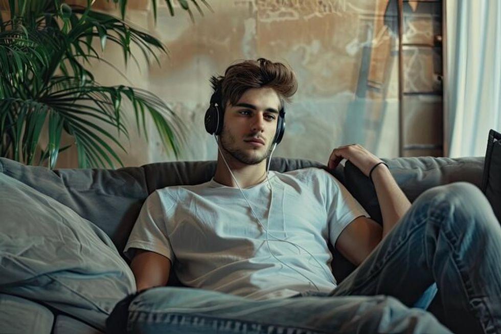 man relaxing couch with headphones listeni