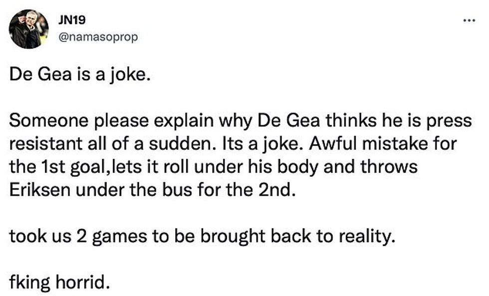 Manchester United fans take to social media in anger at David De Gea's gaffe against Brentford