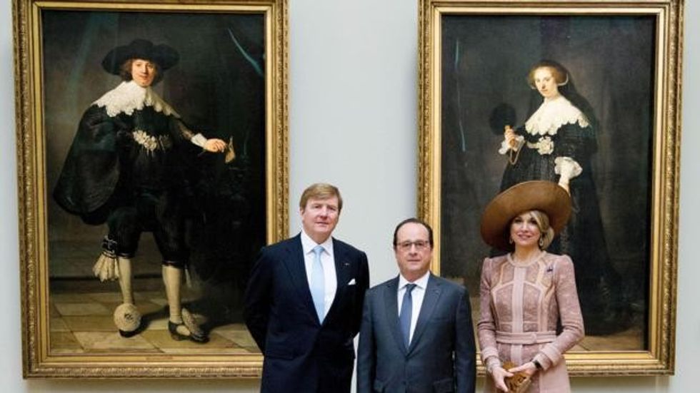 Mandatory Credit: Photo by Nieboer/PPE/SIPA/REX/Shutterstock (5612508d) King Willem-Alexander, Francois Hollande and Queen Maxima in front of two Rembrandt paintings at the Louvre Museum Francois Hollande receives Dutch Royals, Elysee Palace, Paris, France - 10 Mar 2016