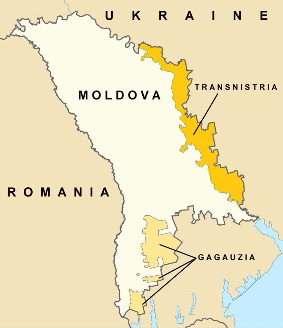 Map of Moldova with Transnistria y Gagauzia marked see online version for colours